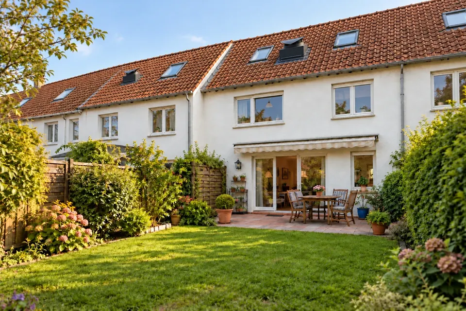 Visualisierung fiktiver Wohnhäuser mit EQ-Air-Dacheinheiten, freiem Garten und Terrasse